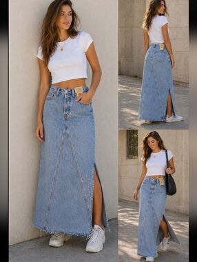 Levi’s Size 26 LightWash High Rise Denim Maxi Skirt Long Jean Skirt Side Slit  F